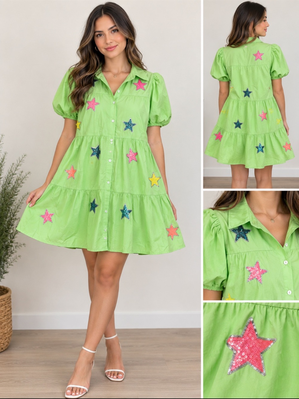 Lime Green Star Sequin Tiered Dress